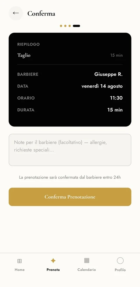 Schermata di riepilogo e conferma della prenotazione